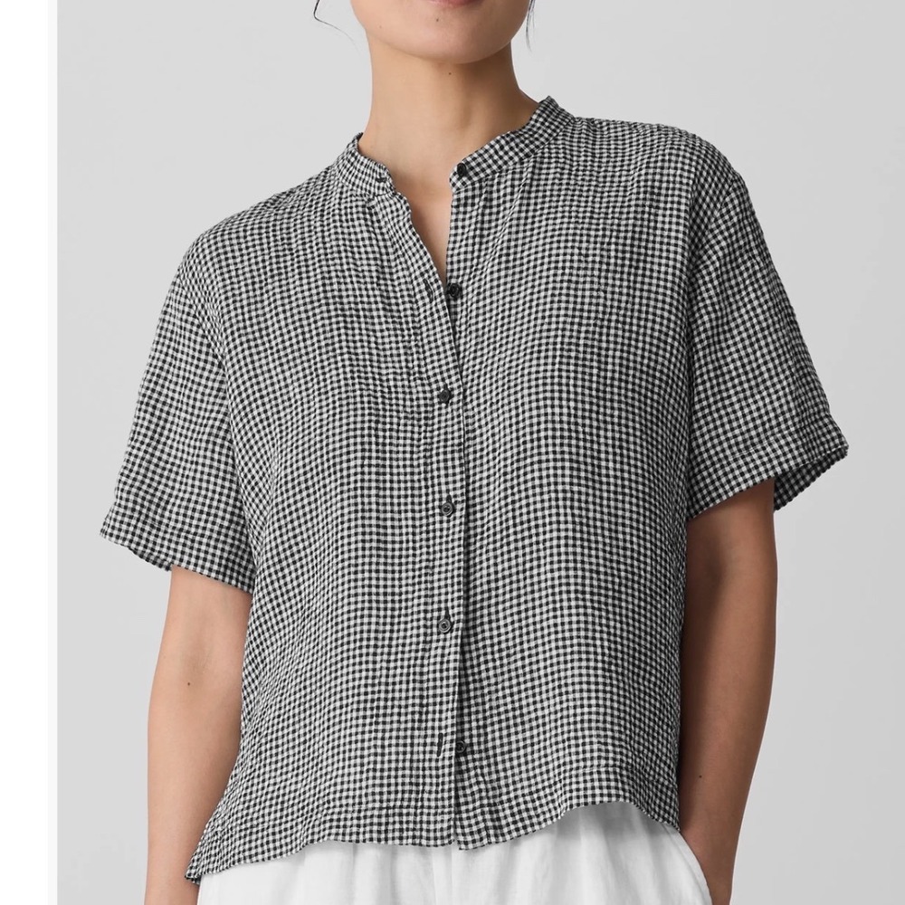Eileen Fisher Organic Linen Gingham Check Shirt Black White 2X Short Slv Button